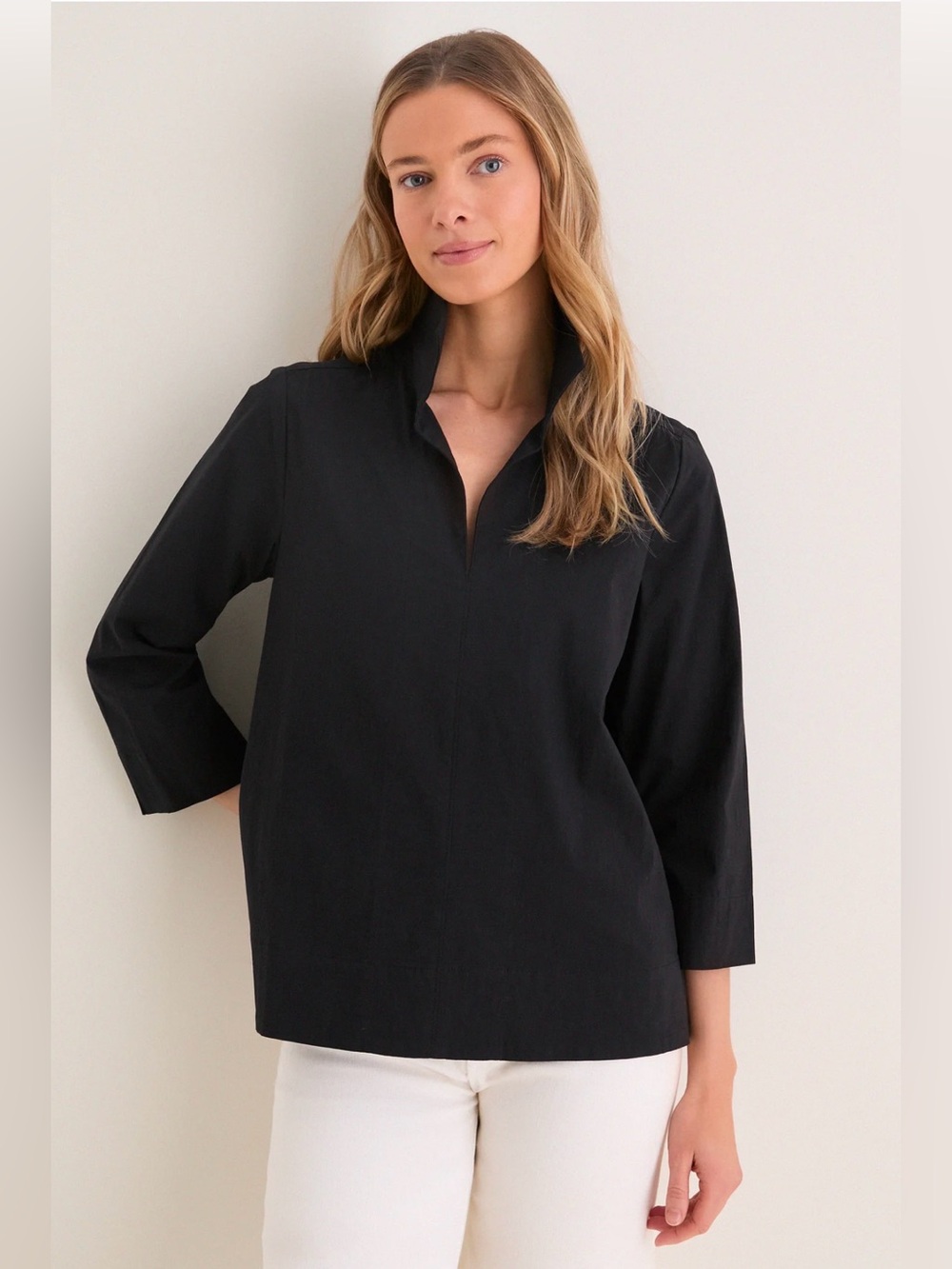 Tuckernuck Faux Suede Margot Stand Collar Blouse Top 3/4 Sleeve Black Medium